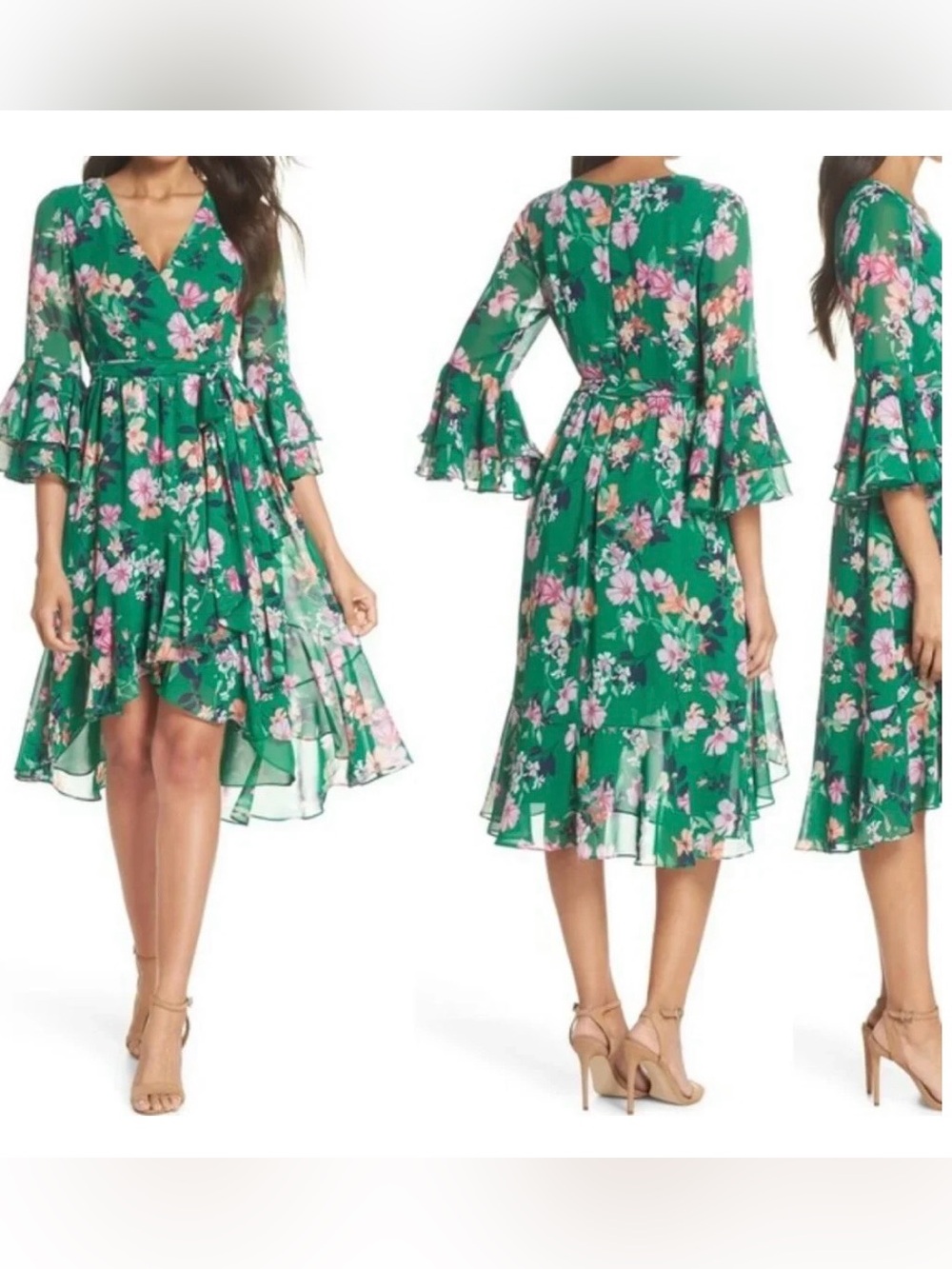Eliza J Green Floral High-Low Wrap Dress